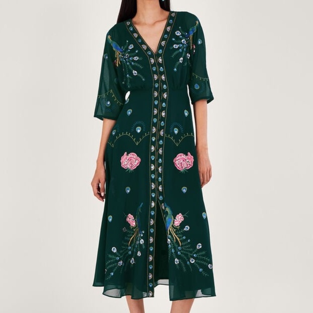 NWT Monsoon London perla embellished green tea midi dress size 14 embroidered